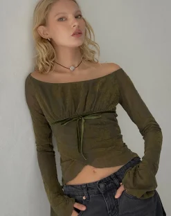 Motel Rocks Long Sleeve Tops | Going Out Tops-Kareena Long Sleeve Bardot Top in Abstract Botanic Dark Olive darkoliveabstrbotanic