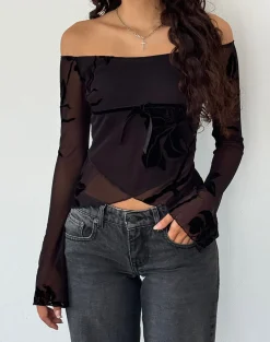 Motel Rocks Long Sleeve Tops | Going Out Tops-Kareena Long Sleeve Bardot Top in Orchid Flock Black OrchidFlockBlack