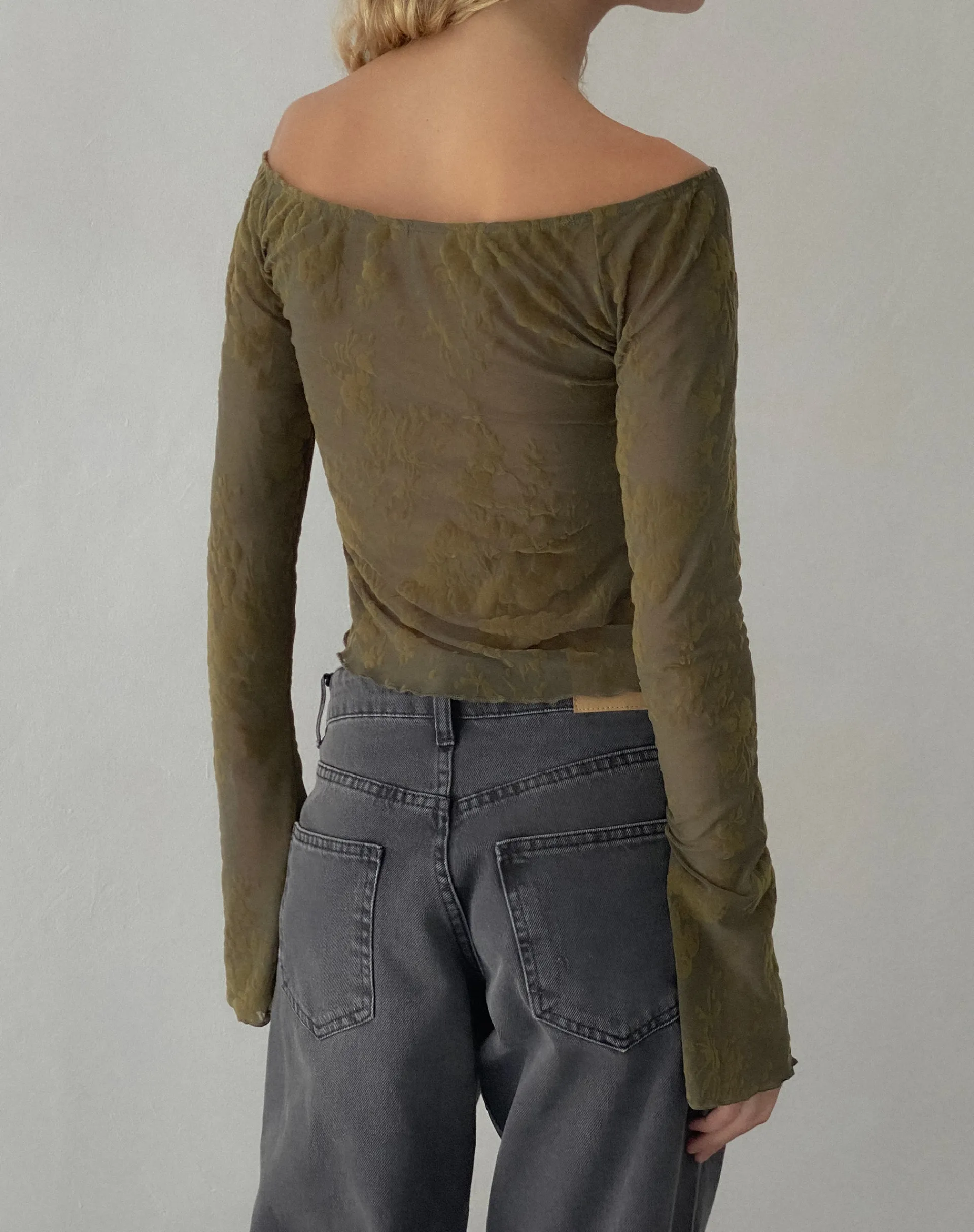 Motel Rocks Long Sleeve Tops | Going Out Tops-Kareena Long Sleeve Bardot Top in Abstract Botanic Dark Olive darkoliveabstrbotanic