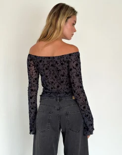 Motel Rocks Long Sleeve Tops | Going Out Tops-Kareena Long Sleeve Bardot Top in Pretty Petal Flock Navy PrettyPetalFlockNavy