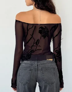 Motel Rocks Long Sleeve Tops | Going Out Tops-Kareena Long Sleeve Bardot Top in Orchid Flock Black OrchidFlockBlack