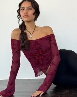 Motel Rocks Printed Tops | Bandeau Tops-Kareena Top in Botanical Flower Maroon BotanicalFlowerMaroon