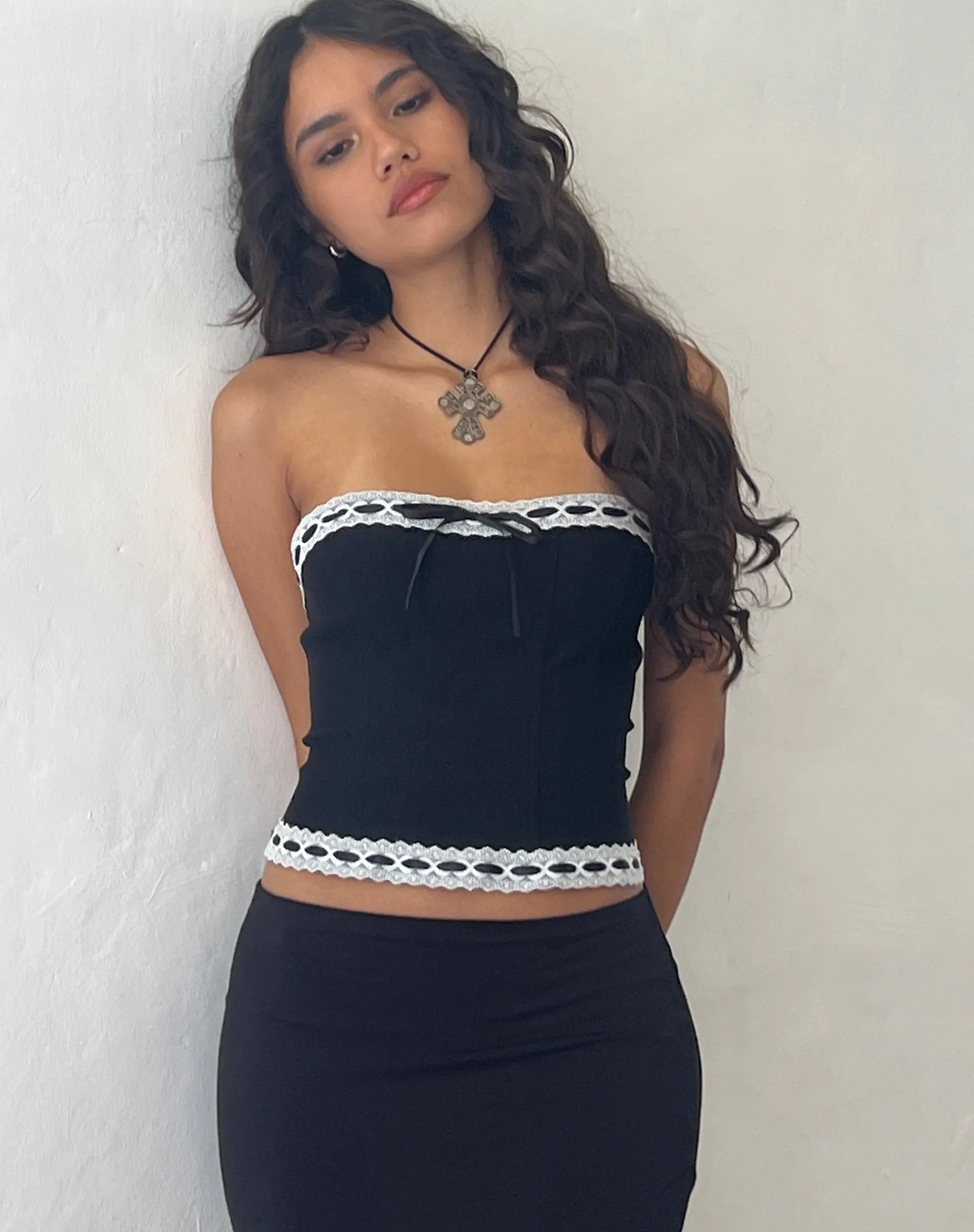 Motel Rocks Corset Tops | Bandeau Tops-Karida Lace Edge Corset Top in Black