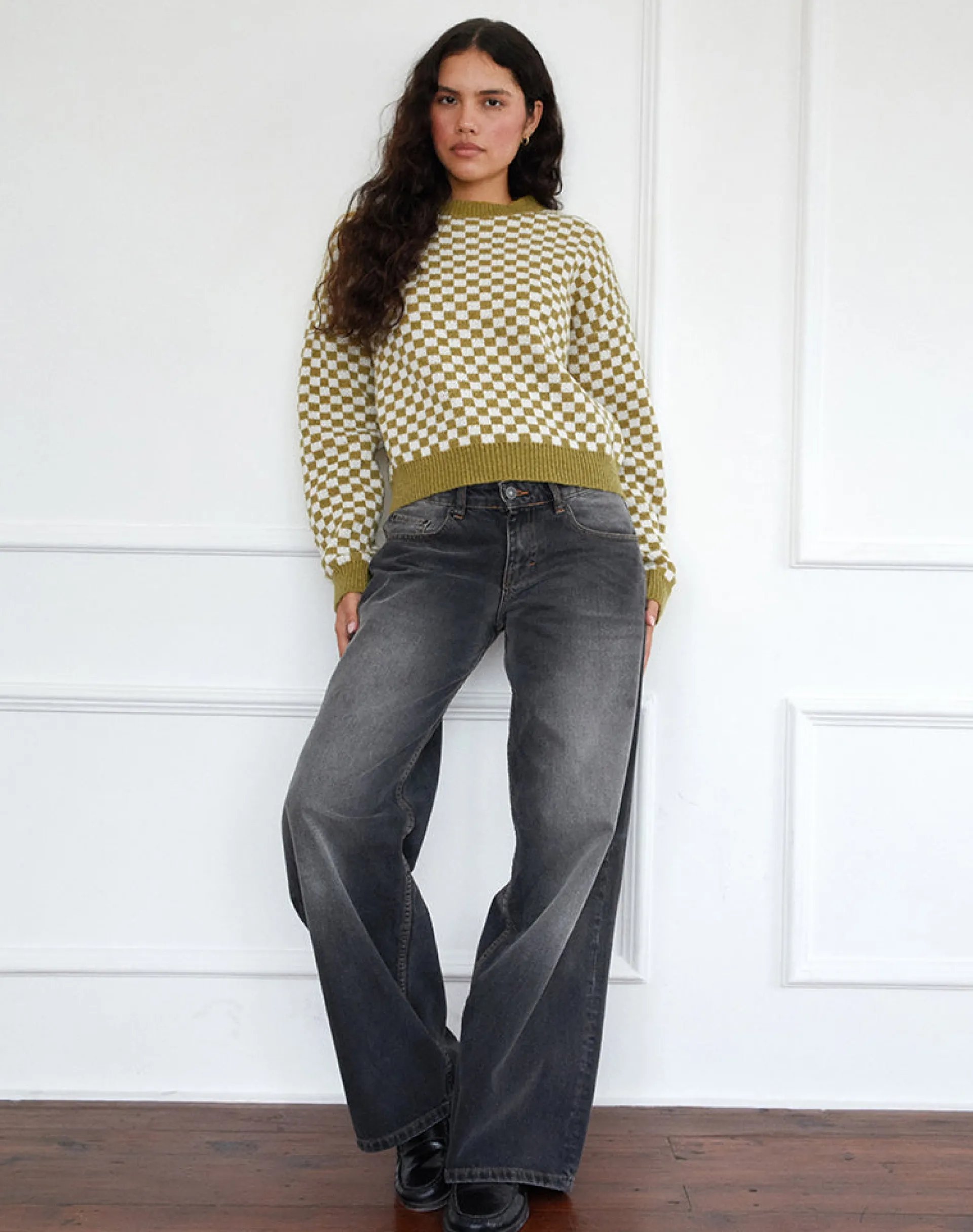 Motel Rocks Jumpers-Karu Jumper in Check Green CheckGreen
