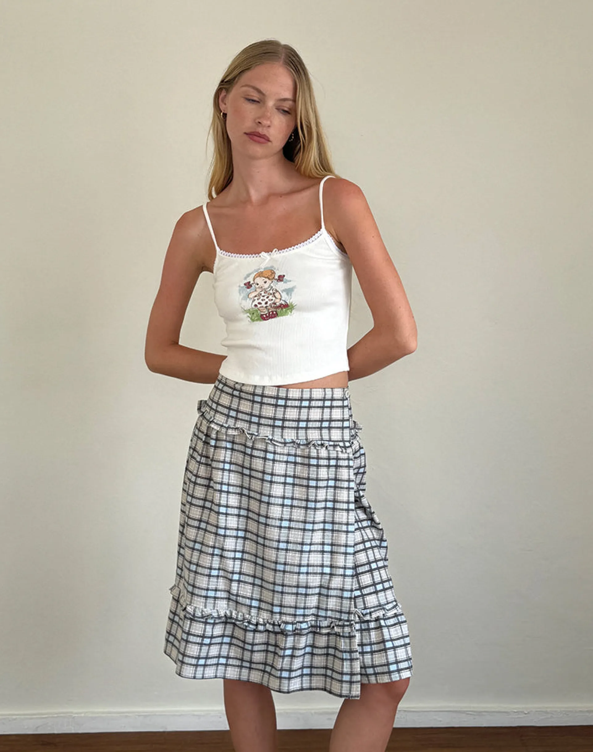 Motel Rocks Printed Skirts | A Line Skirts-Kasya Midi Skirt in Pastel Blue Tartan pastelbluetartan