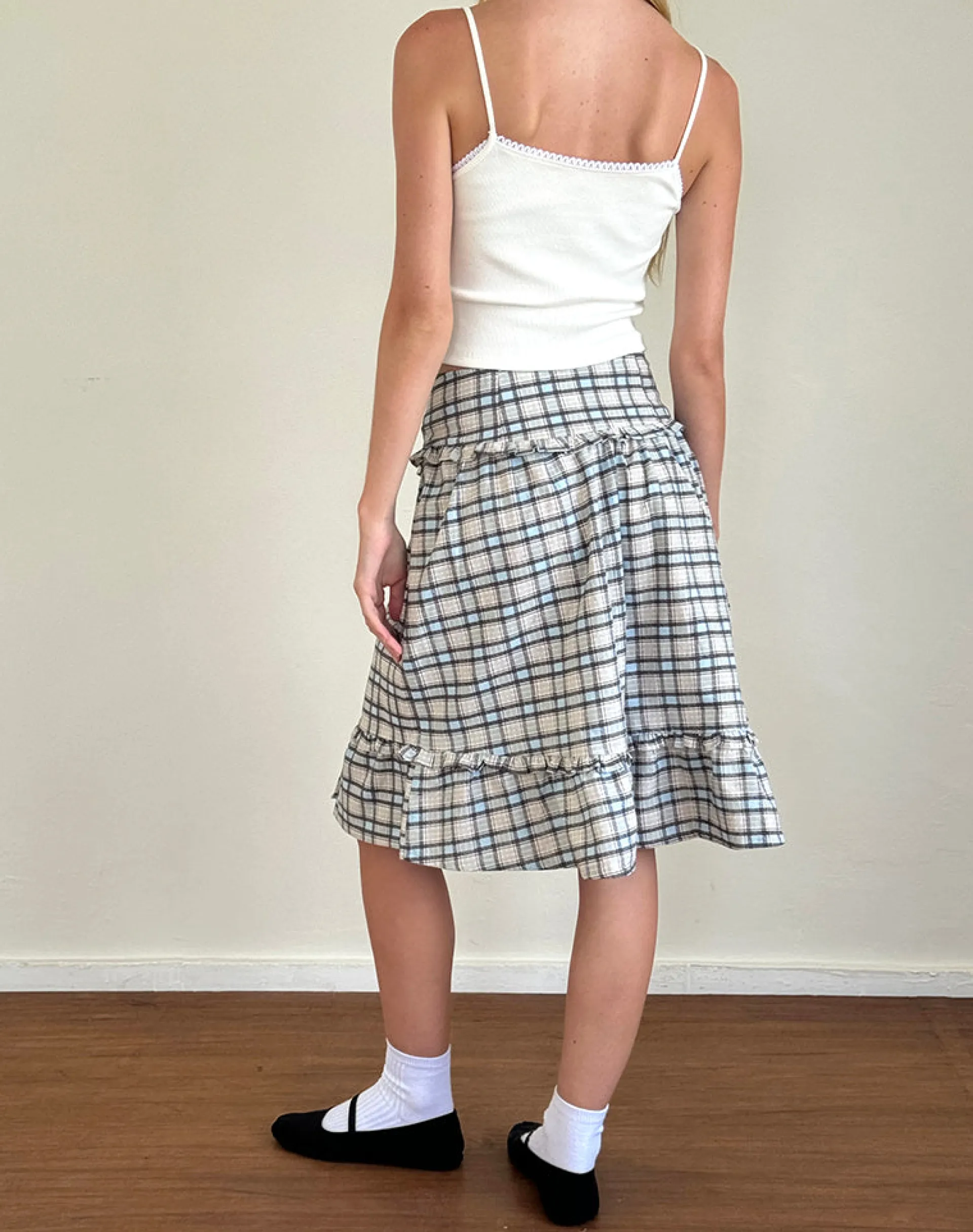 Motel Rocks Printed Skirts | A Line Skirts-Kasya Midi Skirt in Pastel Blue Tartan pastelbluetartan