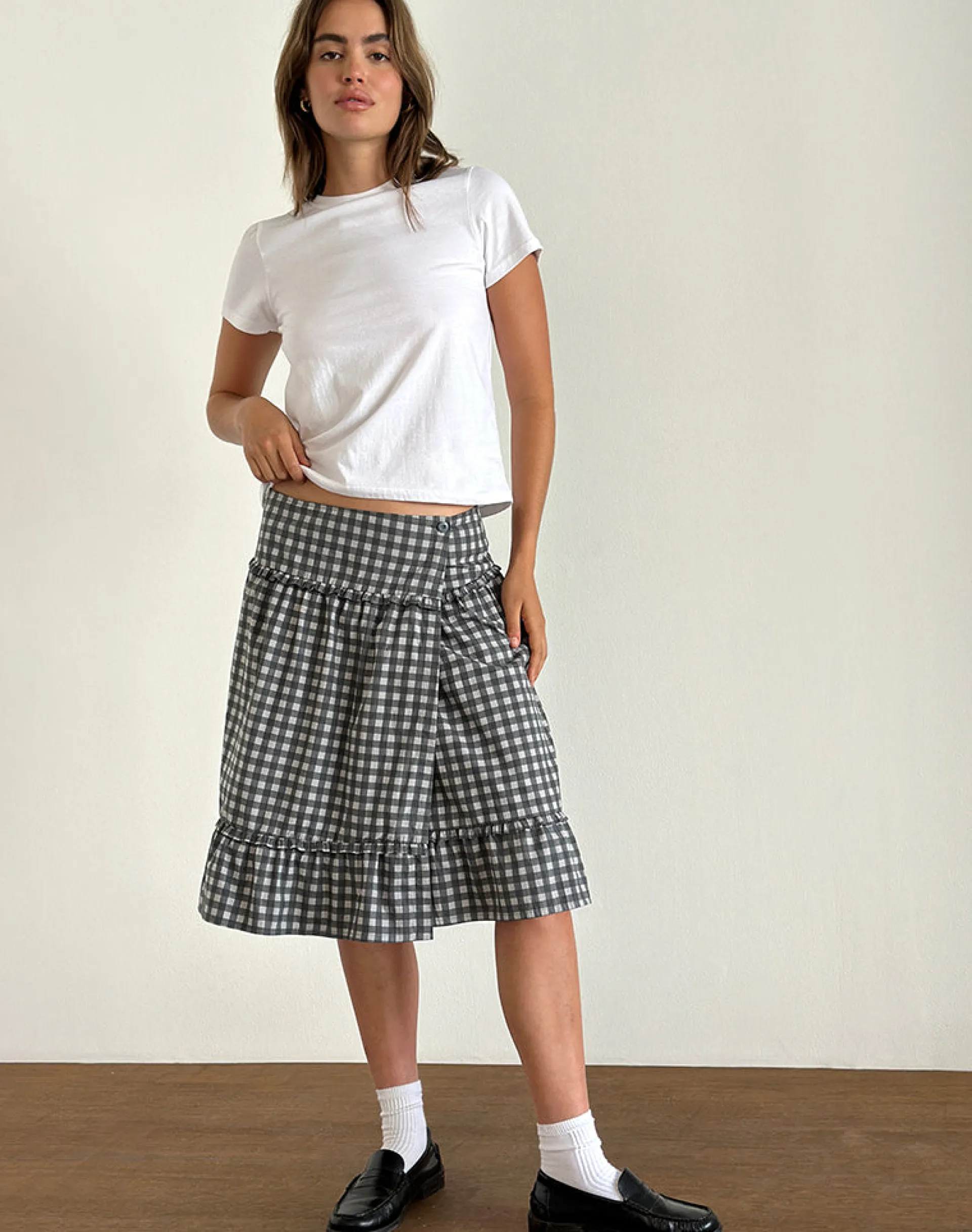 Motel Rocks Tailoring | Printed Skirts-Kasya Midi Skirt in Tonal Gingham Black and Grey TonalGinghamBlackandGrey