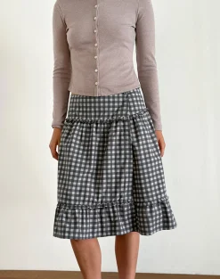 Motel Rocks Tailoring | Printed Skirts-Kasya Midi Skirt in Tonal Gingham Black and Grey TonalGinghamBlackandGrey