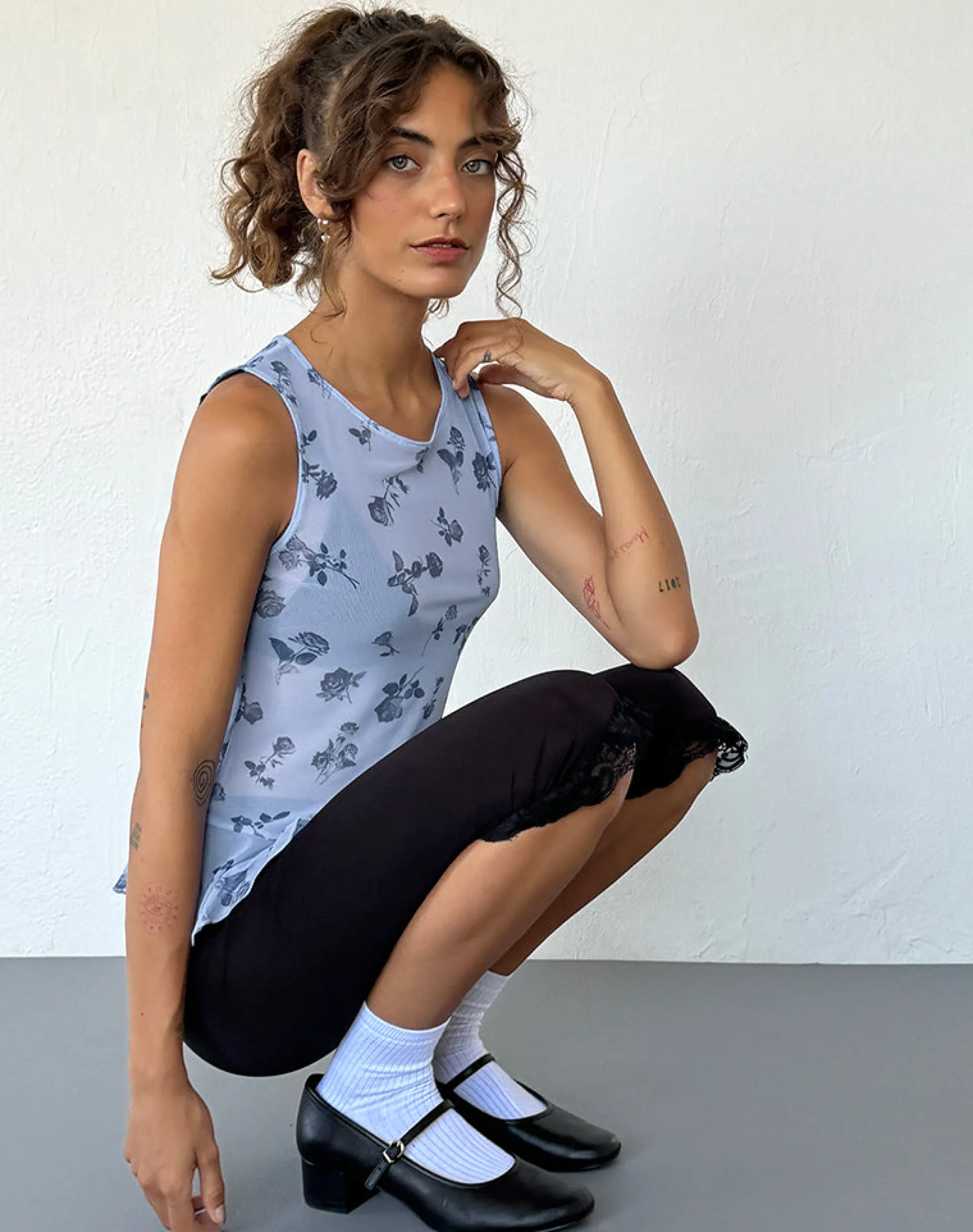 Motel Rocks Basic Tops | Vest Tops-Katnis Top in Inky Blue Floral Mesh
