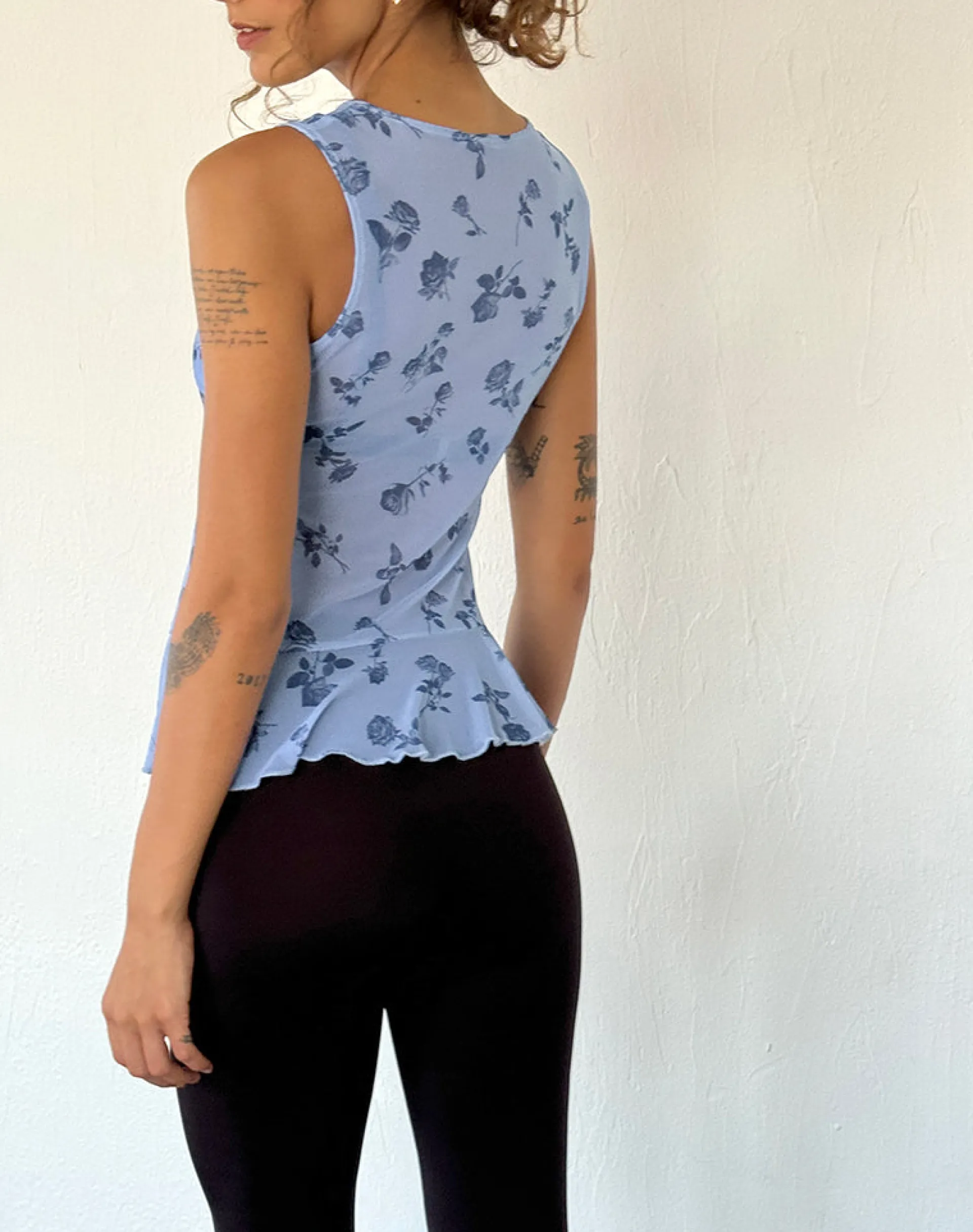 Motel Rocks Basic Tops | Vest Tops-Katnis Top in Inky Blue Floral Mesh