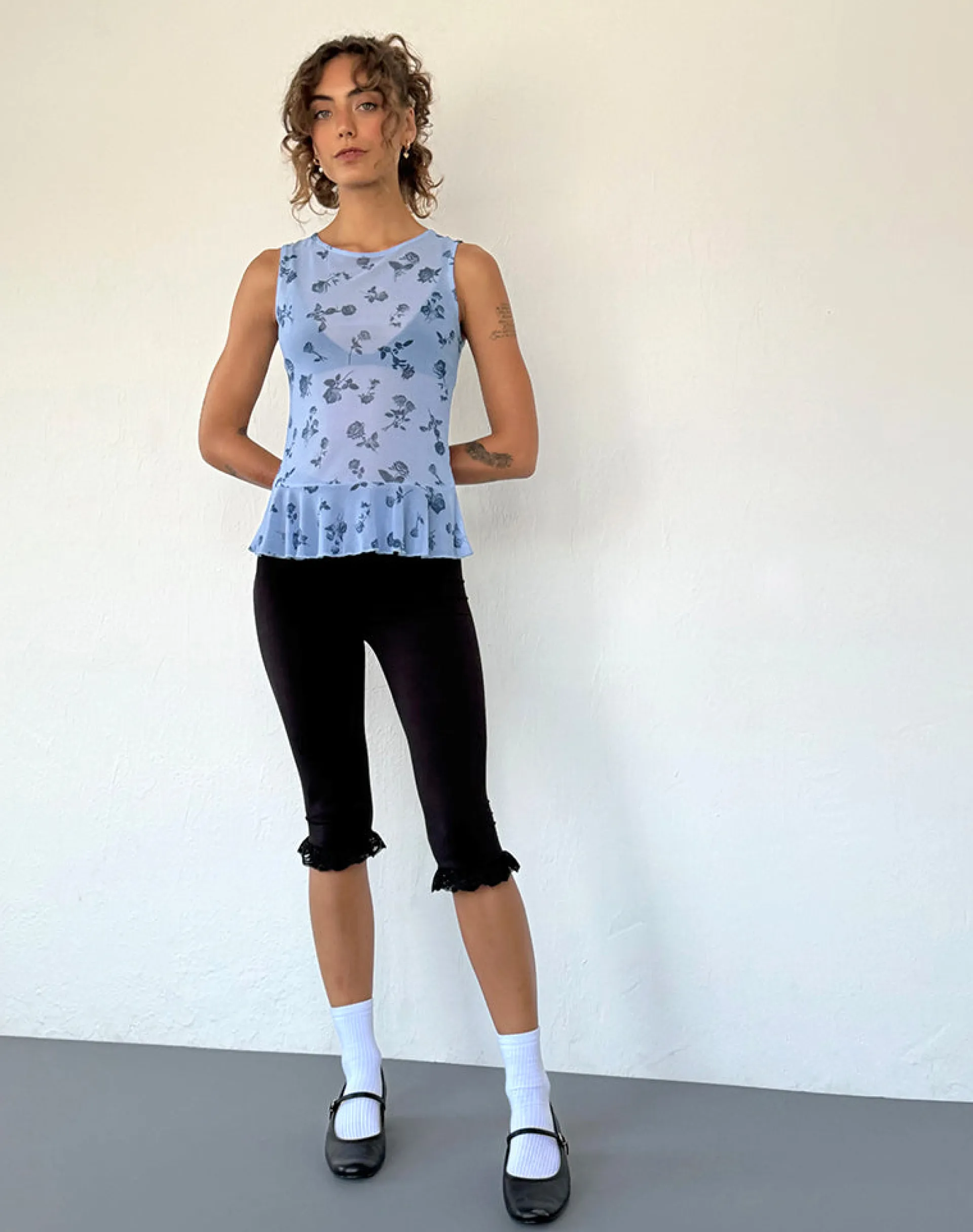Motel Rocks Basic Tops | Vest Tops-Katnis Top in Inky Blue Floral Mesh
