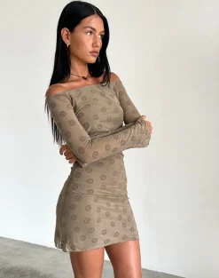 Motel Rocks Printed Dresses | Day Dresses-Kausar Off Shoulder Mini Dress in Daisy Flock Light Brown