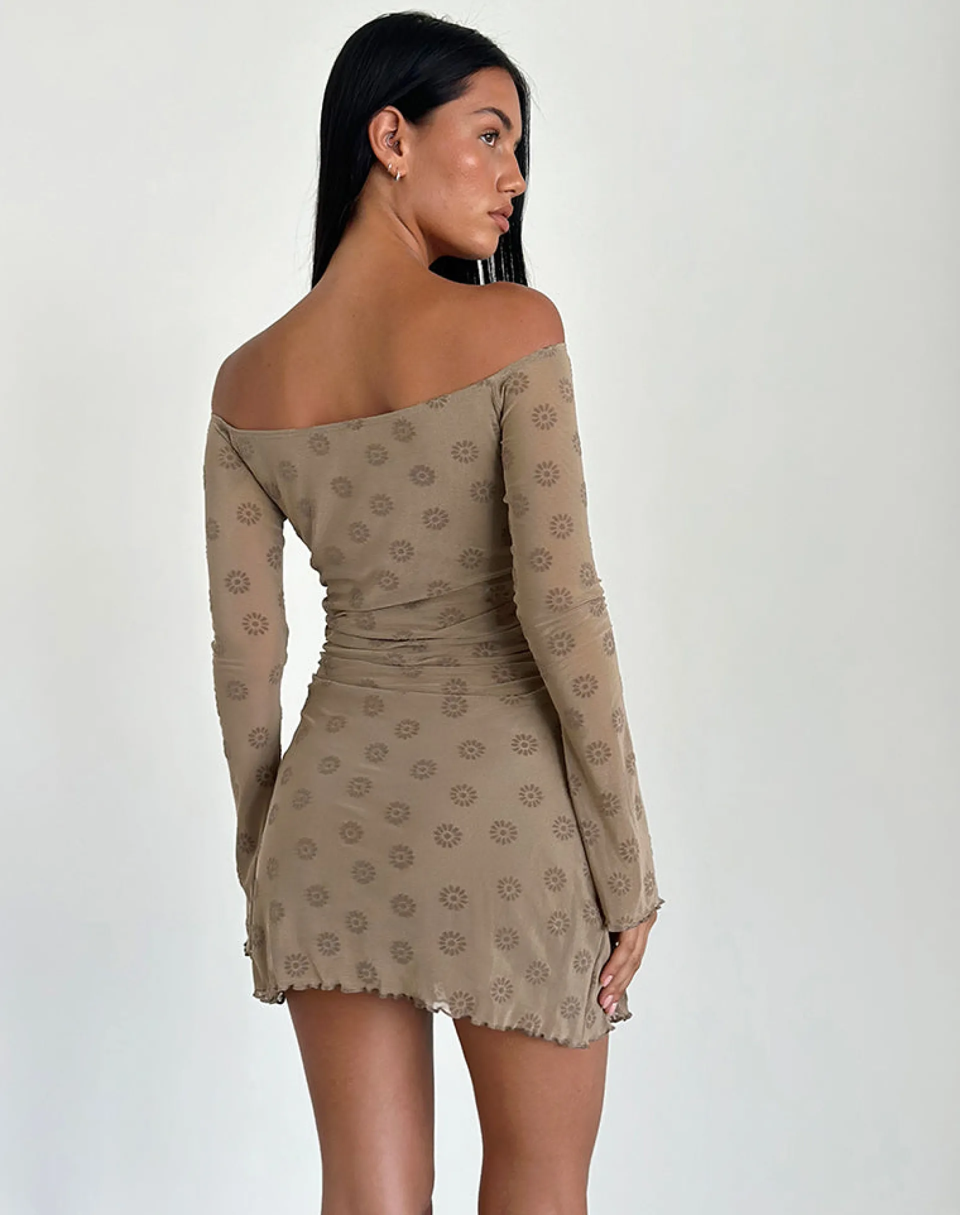 Motel Rocks Printed Dresses | Day Dresses-Kausar Off Shoulder Mini Dress in Daisy Flock Light Brown