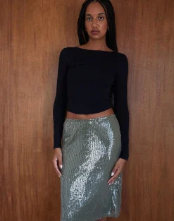 Motel Rocks A Line Skirts-Kavi Midi Skirt in Khaki Green Clear Sequin