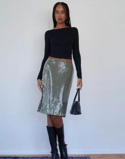 Motel Rocks A Line Skirts-Kavi Midi Skirt in Khaki Green Clear Sequin