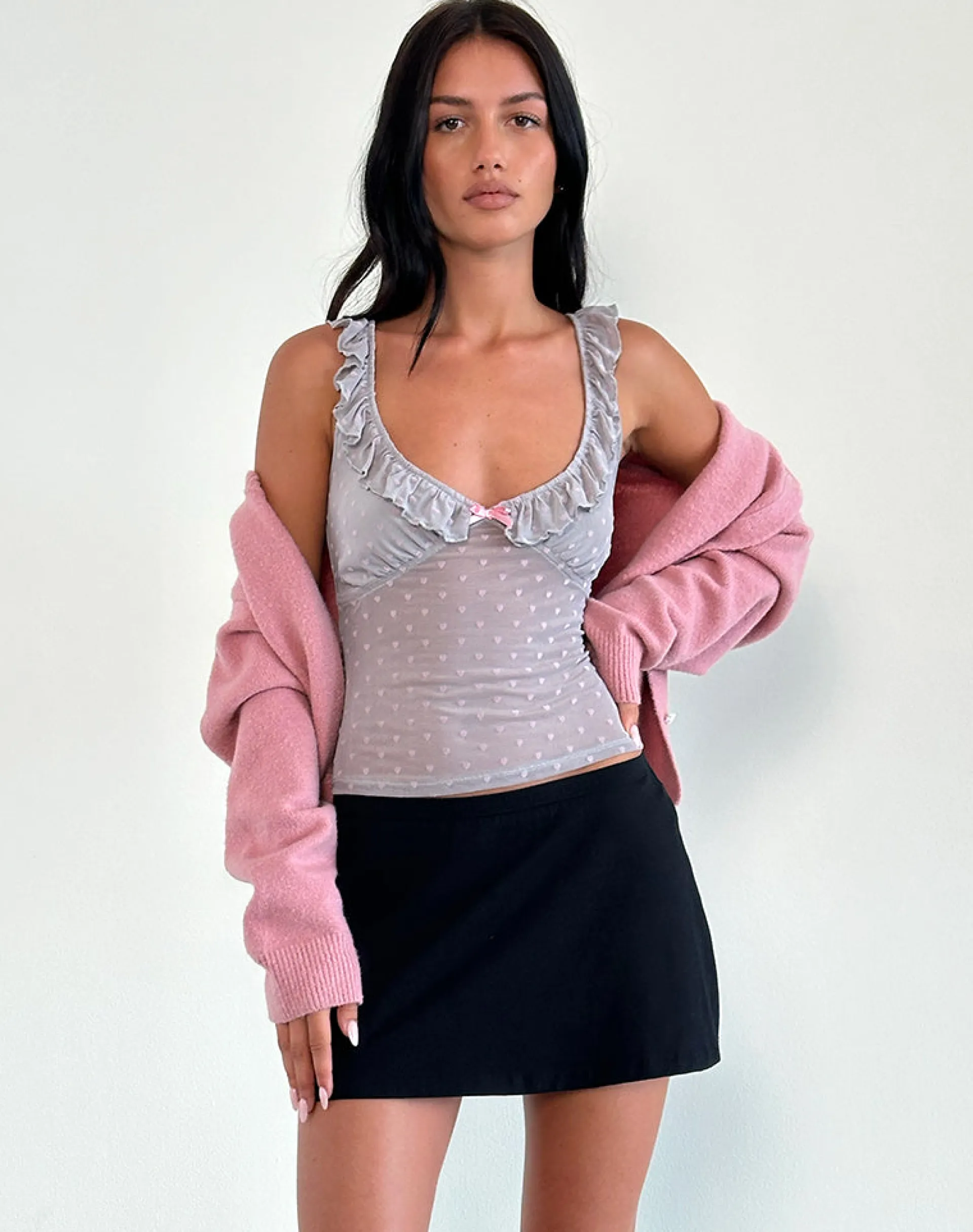 Motel Rocks Strappy Tops | Going Out Tops-Kavya Top in Heart Flock Grey