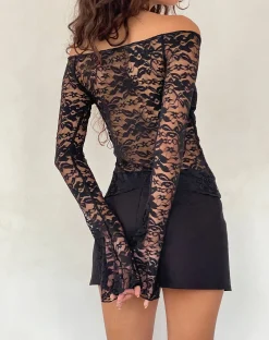 Motel Rocks Printed Tops | Long Sleeve Tops-Kawila Bardot Top in Floral Lace Jet Black