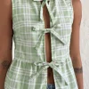 Motel Rocks Printed Tops | Strappy Tops-Kayvata Tie Front Top in Table Cloth Neo Mint TableClothNeoMint