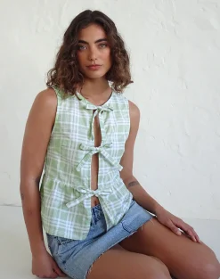 Motel Rocks Printed Tops | Strappy Tops-Kayvata Tie Front Top in Table Cloth Neo Mint TableClothNeoMint