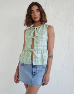 Motel Rocks Printed Tops | Strappy Tops-Kayvata Tie Front Top in Table Cloth Neo Mint TableClothNeoMint