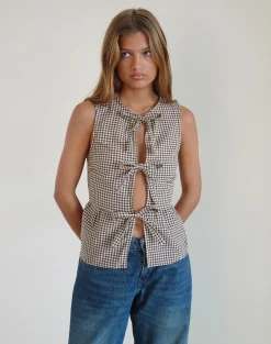 Motel Rocks Vest Tops | Printed Tops-Kayvata Top in Mini Gingham Brown MiniGinghamBrown