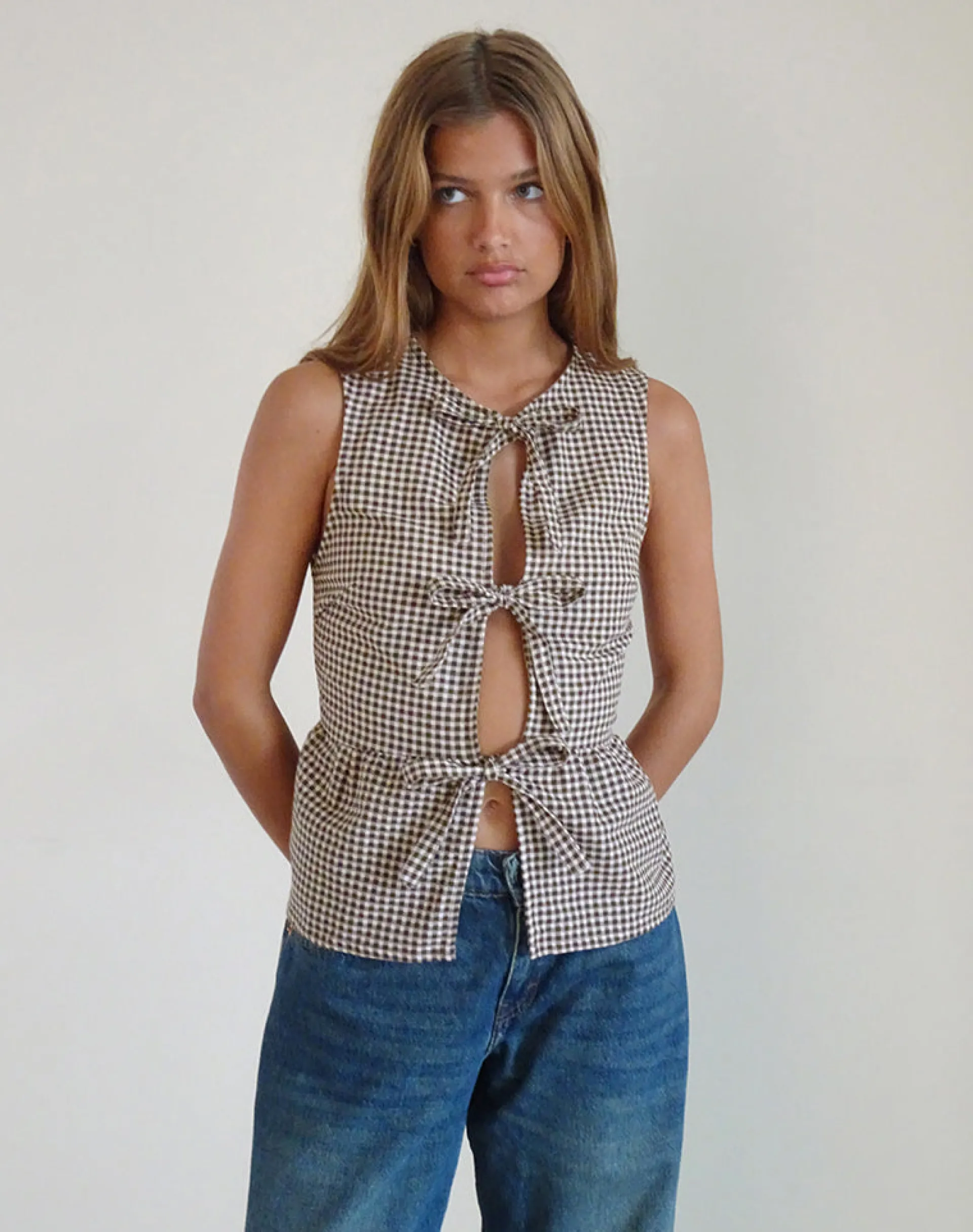 Motel Rocks Vest Tops | Printed Tops-Kayvata Top in Mini Gingham Brown MiniGinghamBrown