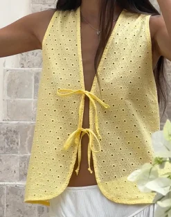 Motel Rocks Vest Tops | Shirts And Blouses-Kayve Tie Front Top in Broderie Yellow BroderieYellow