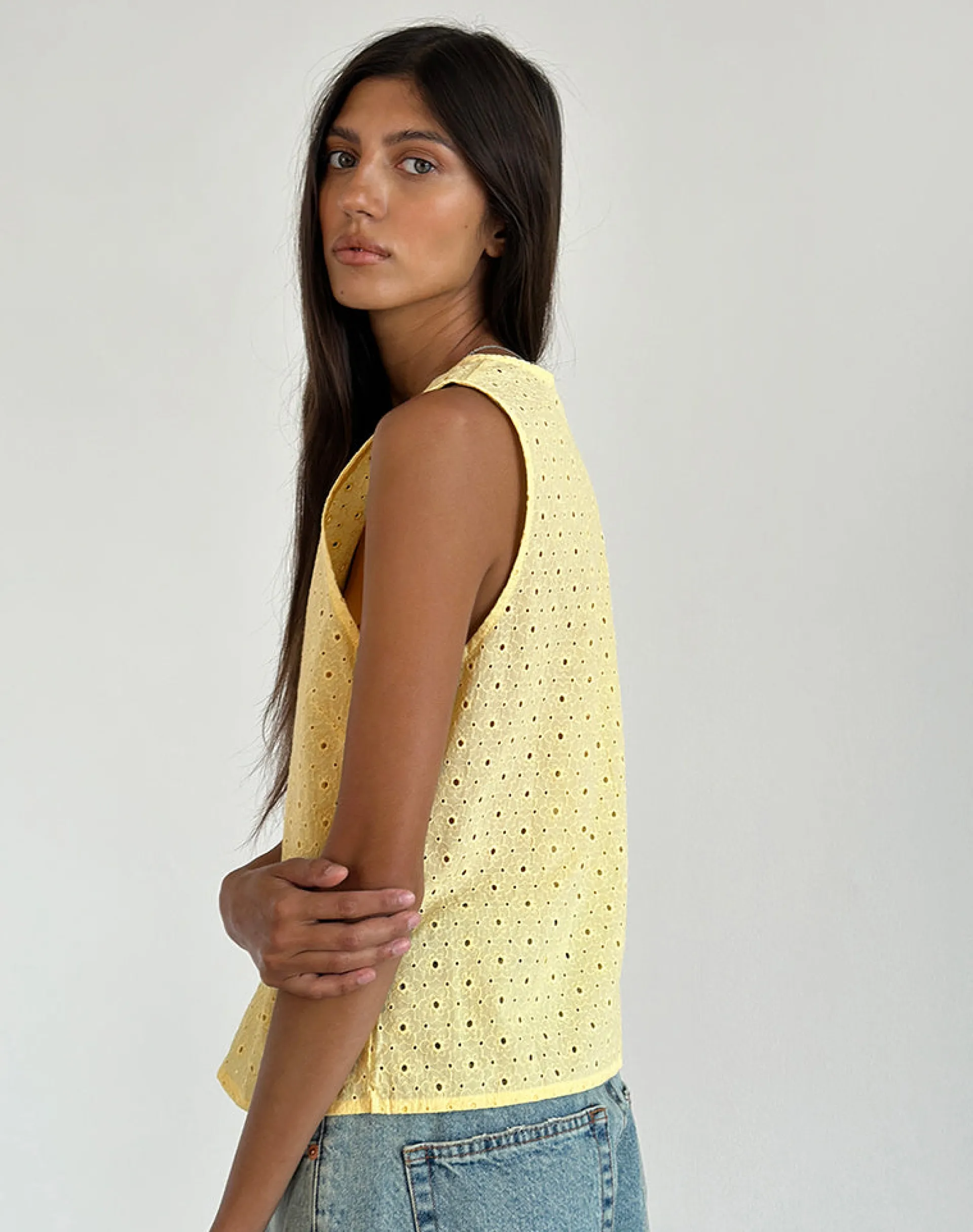 Motel Rocks Vest Tops | Shirts And Blouses-Kayve Tie Front Top in Broderie Yellow BroderieYellow