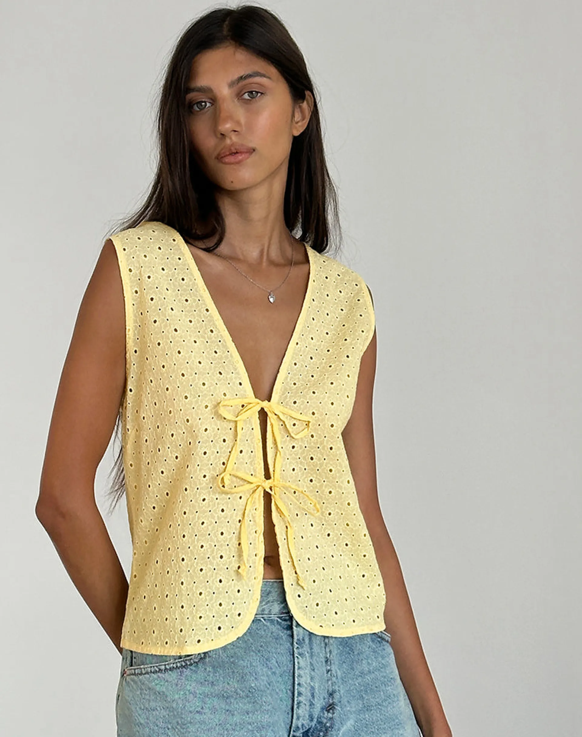 Motel Rocks Vest Tops | Shirts And Blouses-Kayve Tie Front Top in Broderie Yellow BroderieYellow
