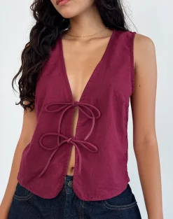 Motel Rocks Vest Tops-Kayve Tie Front Top in Burgundy
