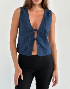 Motel Rocks Going Out Tops-Kayve Tie Front Top in navy