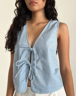 Motel Rocks Vest Tops | Shirts And Blouses-Kayve Tie Front Top in Nantucket Blue NantucketBlue
