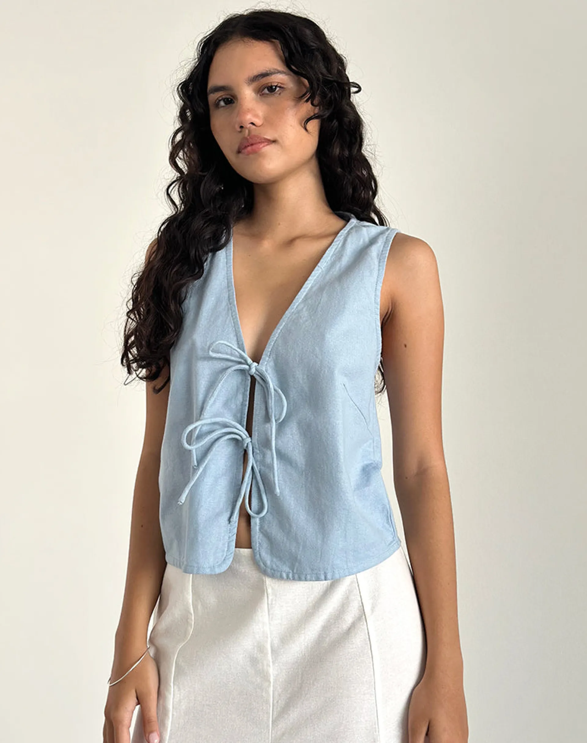 Motel Rocks Vest Tops | Shirts And Blouses-Kayve Tie Front Top in Nantucket Blue NantucketBlue