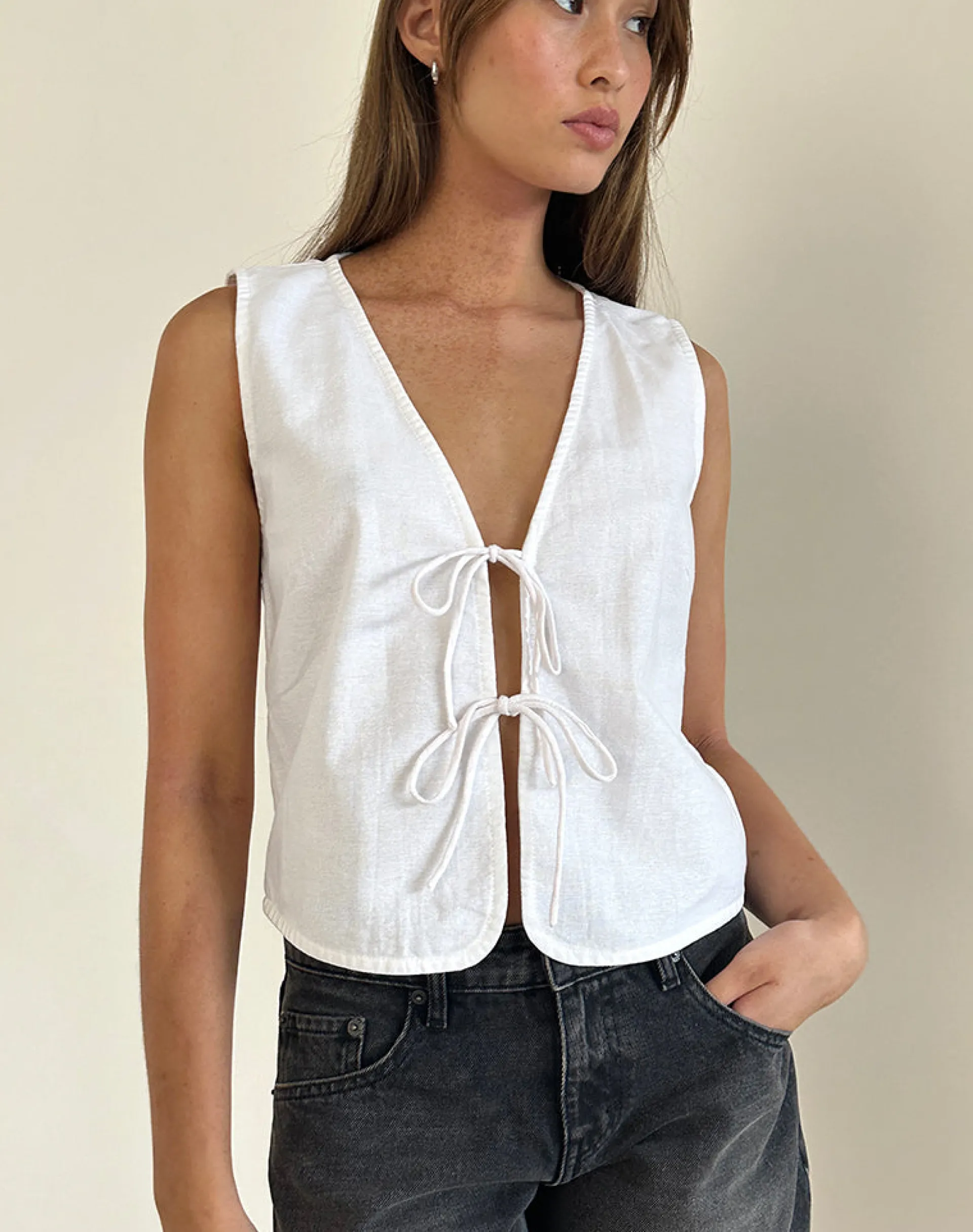 Motel Rocks Vest Tops-Kayve Tie Front Top in Off White OffWhite