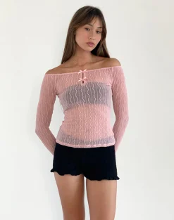 Motel Rocks Printed Tops | Long Sleeve Tops-Kazi Bardot Top in Crinkle Pink crinklepink
