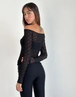 Motel Rocks Going Out Tops-Kazi Bardot Top in Crinkle Black CrinkleBlack