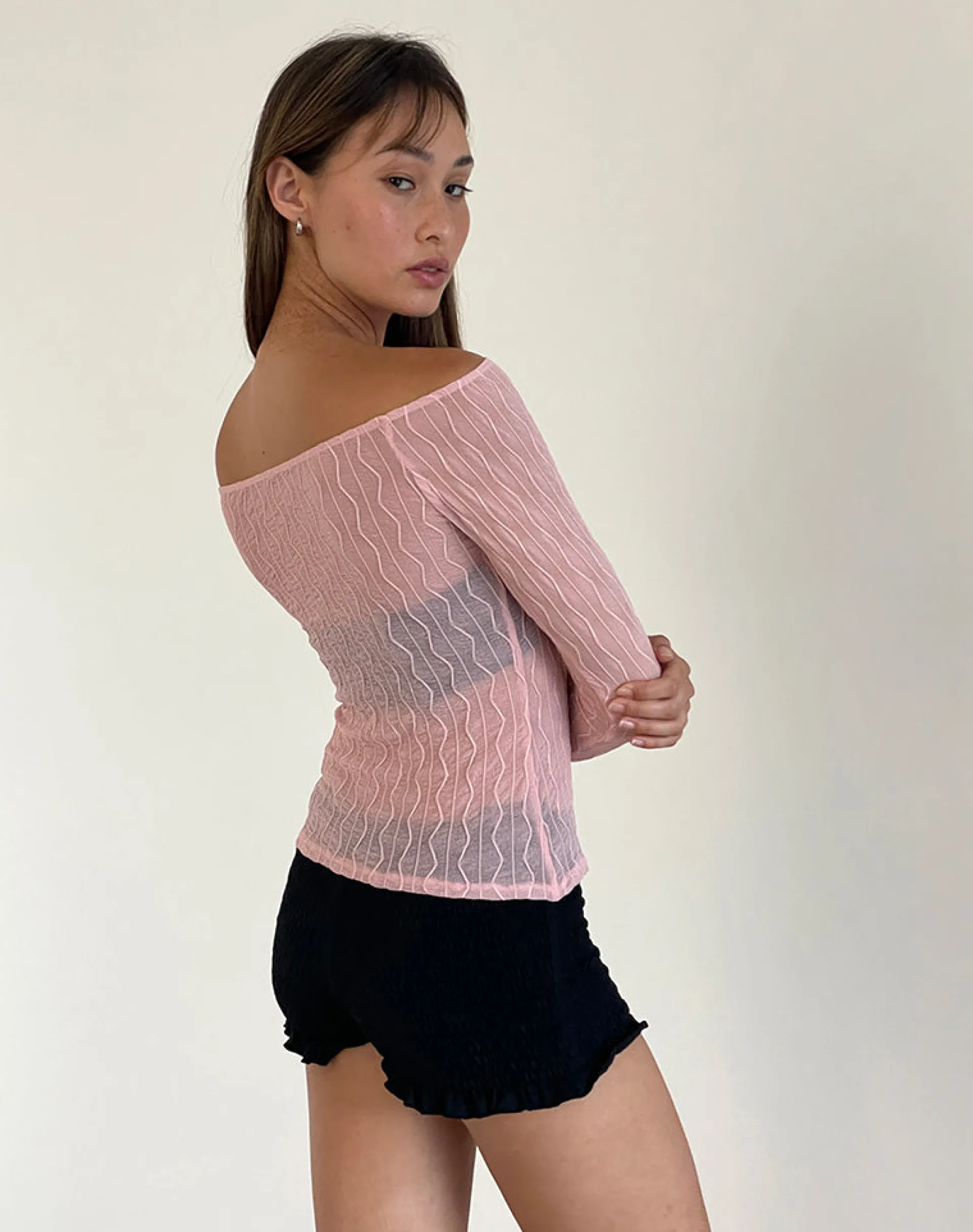 Motel Rocks Printed Tops | Long Sleeve Tops-Kazi Bardot Top in Crinkle Pink crinklepink