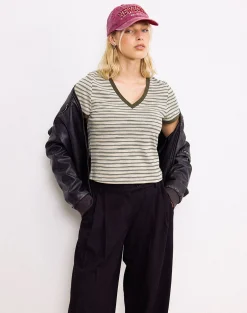 Motel Rocks Basic Tops | Printed Tops-Keiko Top in Stripe Jersey Tonal Brown StripeJerseyTonalBrown