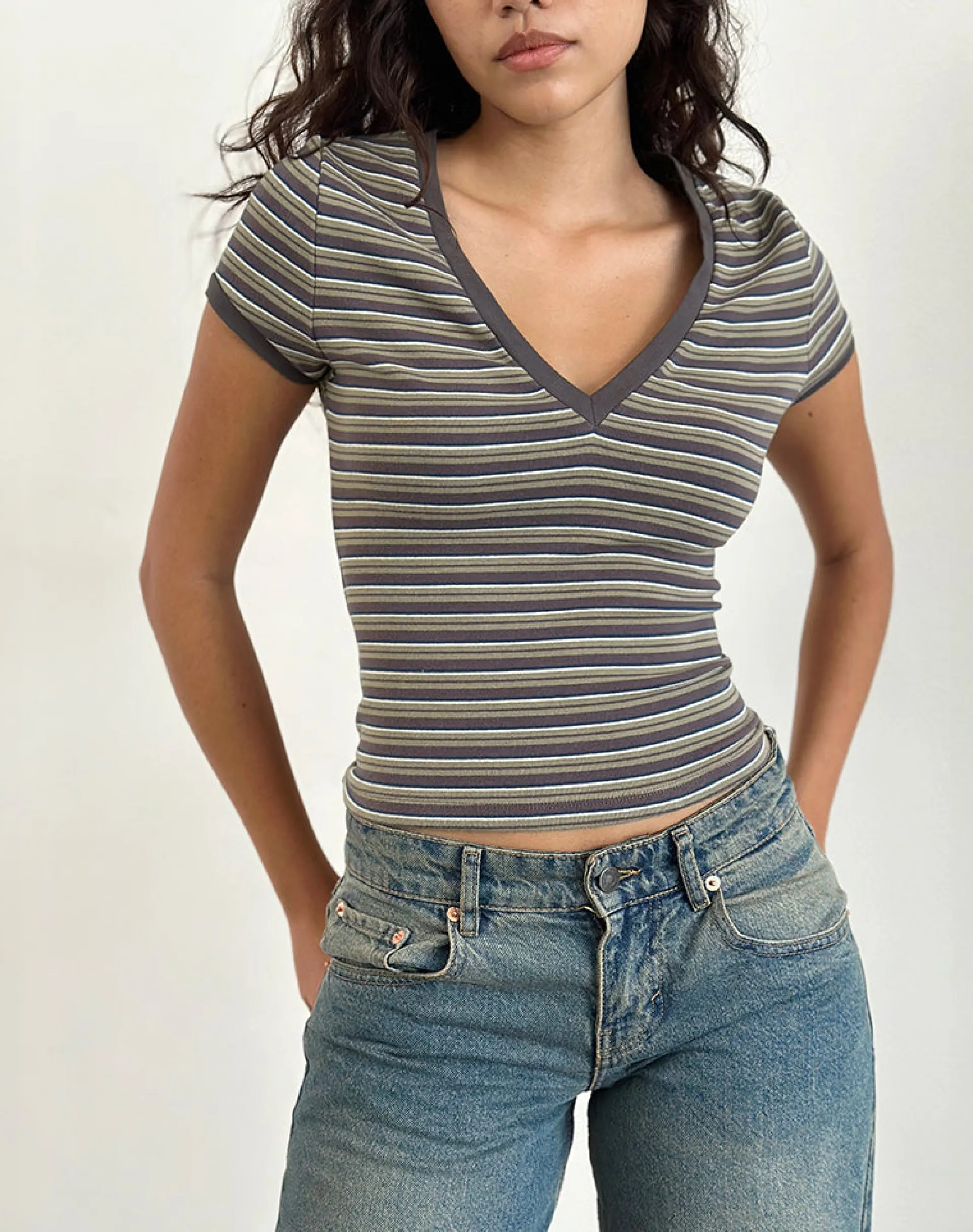 Motel Rocks Printed Tops | Tees-Keiko Top in Stripe Jersey Brown Army StripeJerseyBrownArmy