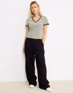 Motel Rocks Basic Tops | Printed Tops-Keiko Top in Stripe Jersey Tonal Brown StripeJerseyTonalBrown