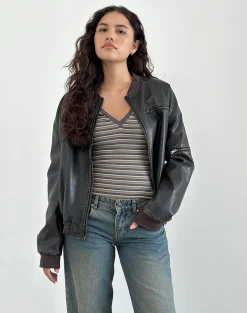 Motel Rocks Printed Tops | Tees-Keiko Top in Stripe Jersey Brown Army StripeJerseyBrownArmy