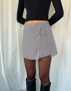 Motel Rocks Mini Skirts-Keira Mini Wrap Skirt in Chiffon Lilac Grey