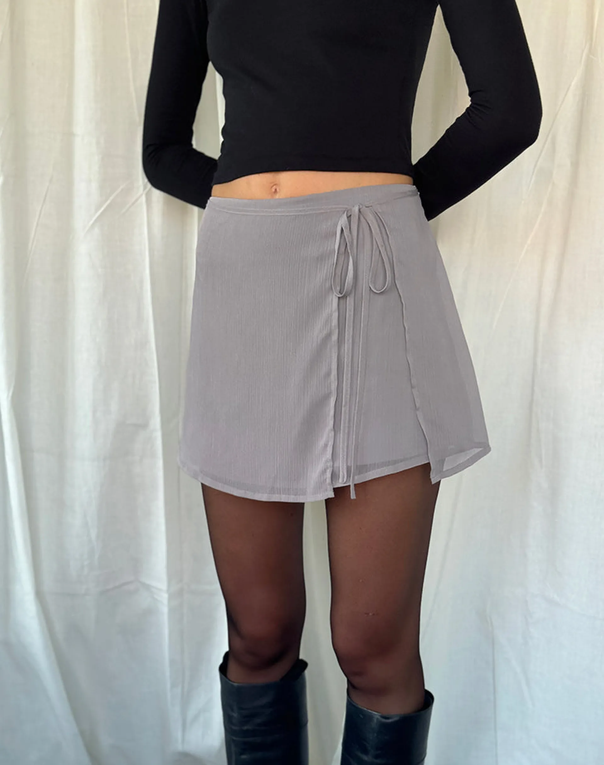 Motel Rocks Mini Skirts-Keira Mini Wrap Skirt in Chiffon Lilac Grey