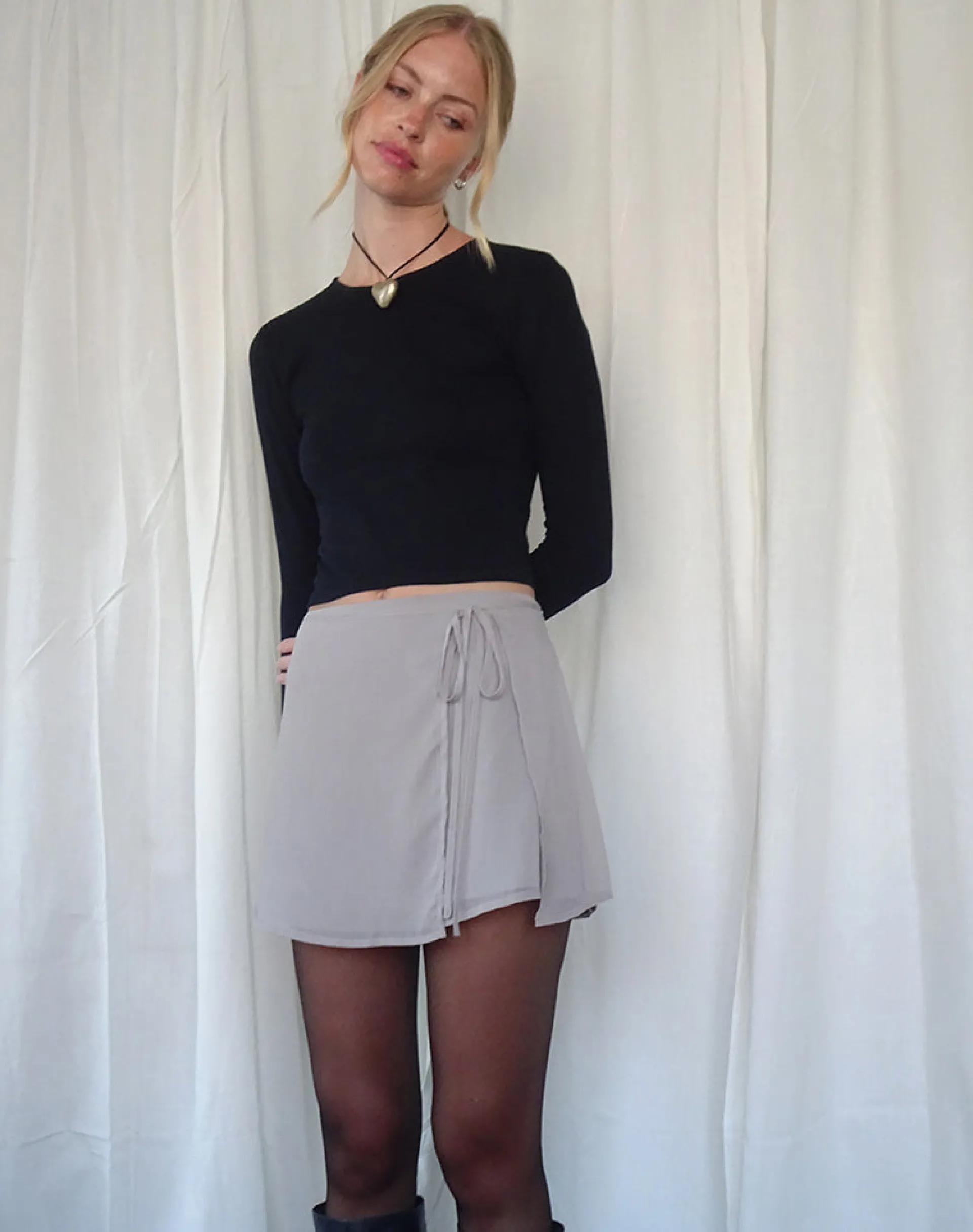 Motel Rocks Mini Skirts-Keira Mini Wrap Skirt in Chiffon Lilac Grey