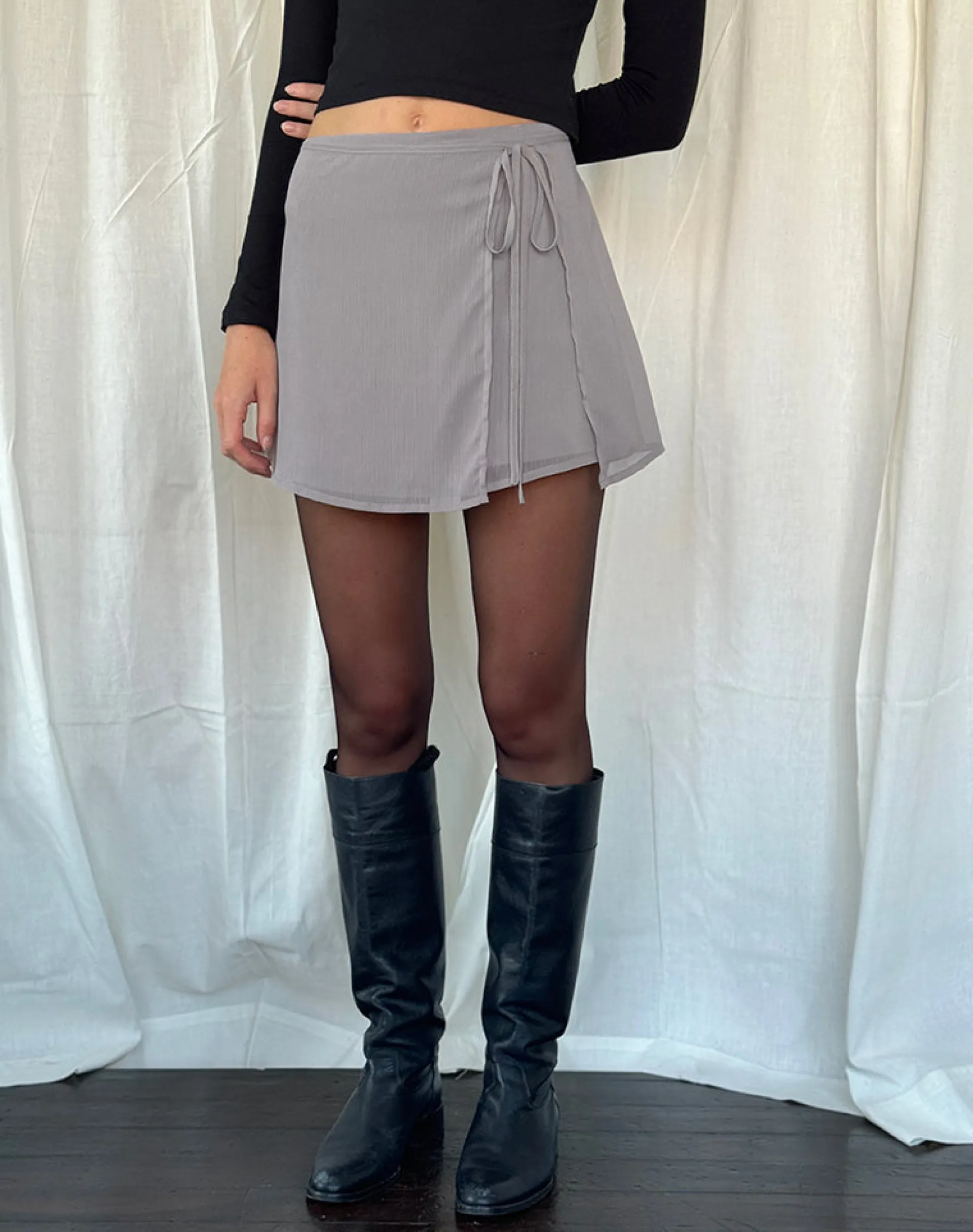 Motel Rocks Mini Skirts-Keira Mini Wrap Skirt in Chiffon Lilac Grey