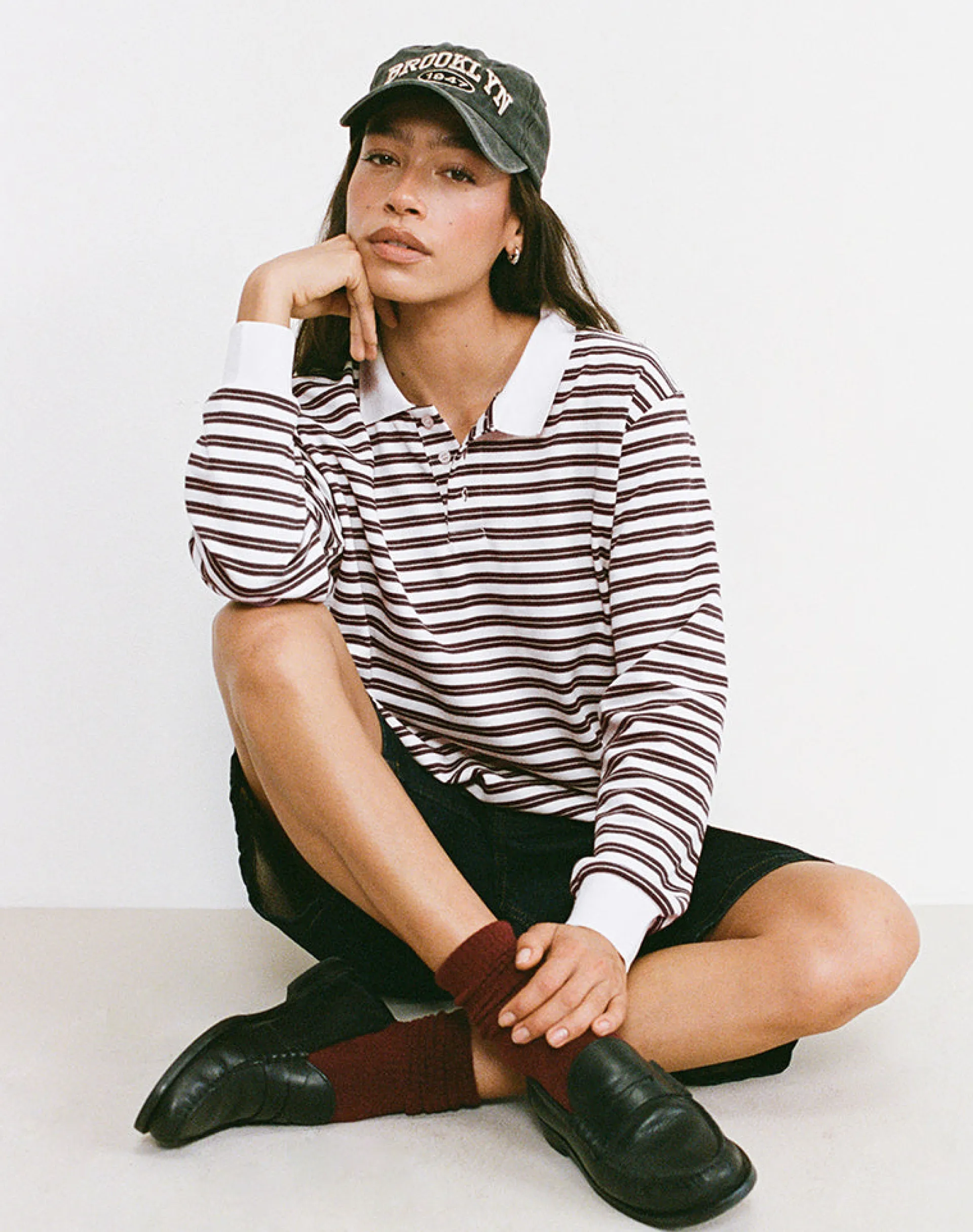 Motel Rocks Shirts And Blouses-Kemillau Baggy Shirt in Brown with White Stripes BrownwithWhiteStripes