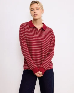 Motel Rocks Shirts And Blouses | Long Sleeve Tops-Kemillau Baggy Shirt in Burgundy with White Stripes BurgundywithWhiteStripes