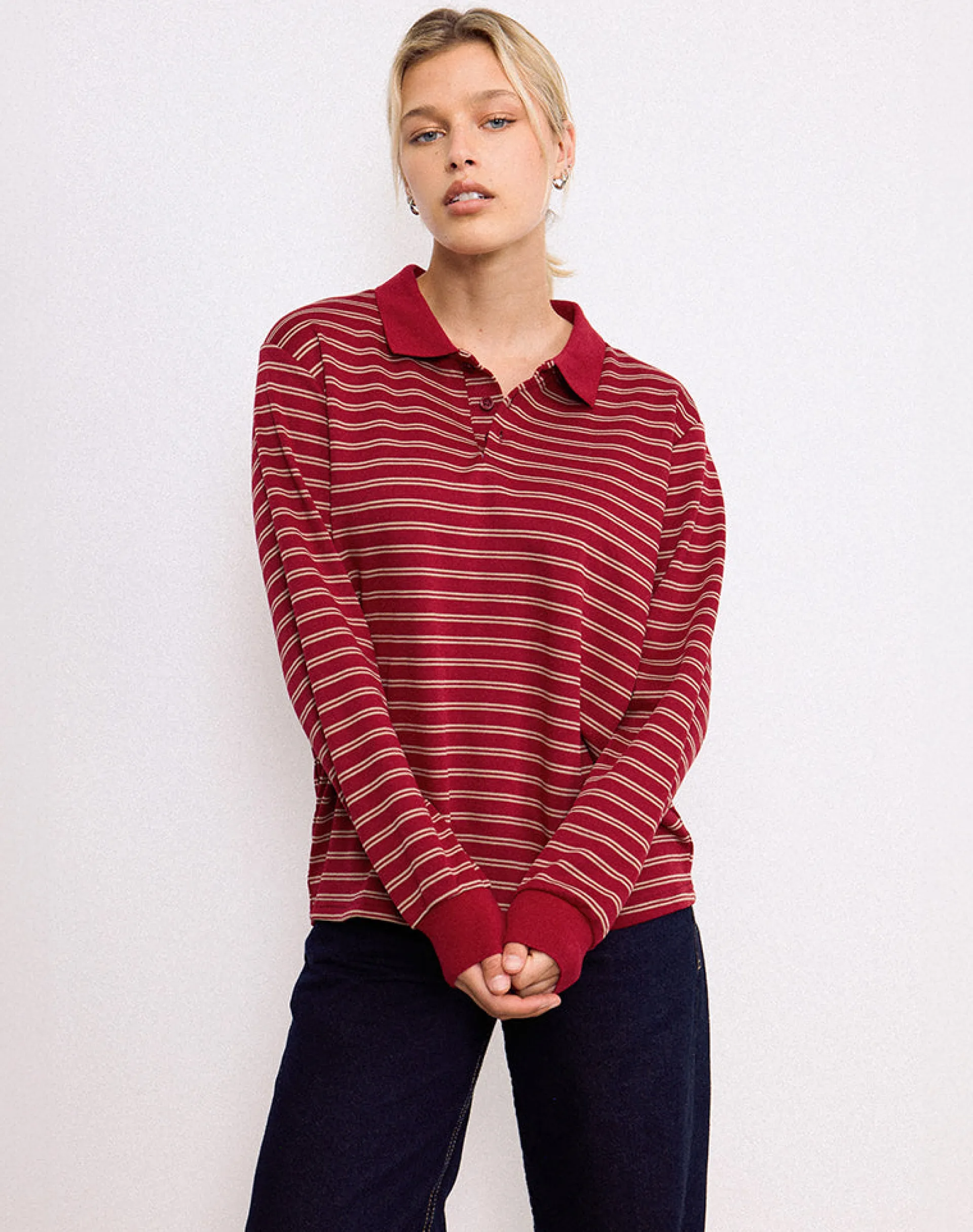 Motel Rocks Shirts And Blouses | Long Sleeve Tops-Kemillau Baggy Shirt in Burgundy with White Stripes BurgundywithWhiteStripes