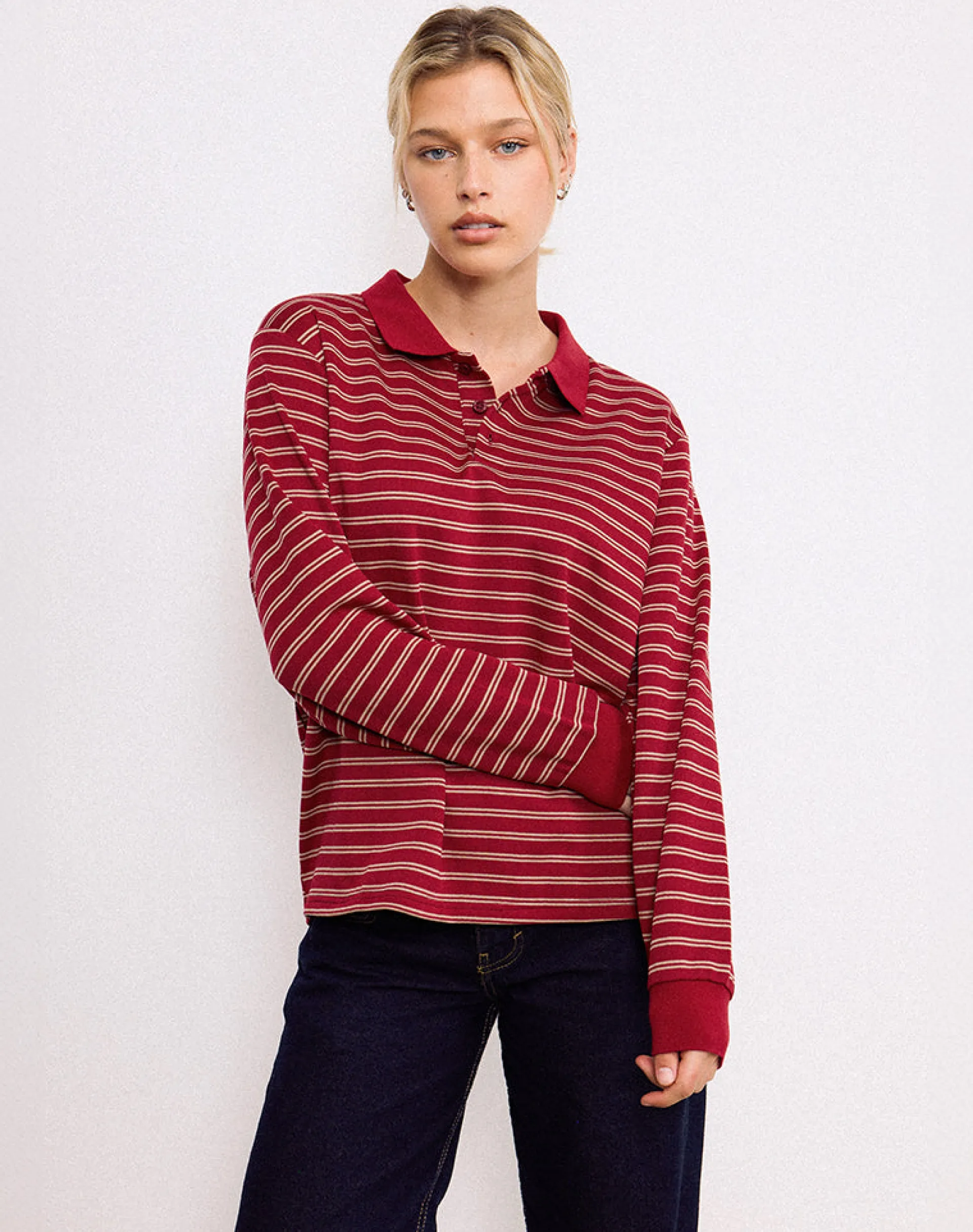 Motel Rocks Shirts And Blouses | Long Sleeve Tops-Kemillau Baggy Shirt in Burgundy with White Stripes BurgundywithWhiteStripes