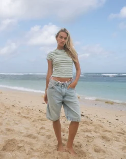 Motel Rocks Basic Tops | Printed Tops-Kenichi Top in Stripe Sage Green Jersey StripeSageGreenJersey